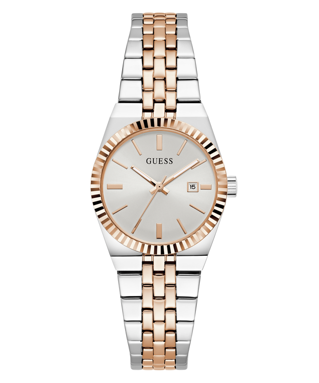 A Guess women's two-tone stainless steel and rose gold watch with a white dial, fluted bezel, and integrated link bracelet, shown against a plain white background.