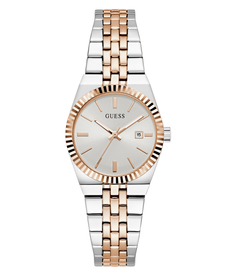 A Guess women's two-tone stainless steel and rose gold watch with a white dial, fluted bezel, and integrated link bracelet, shown against a plain white background.