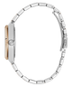 A close-up side view of a wristwatch with a silver-toned metal link bracelet and a gold-toned case side, shown on a plain white background.