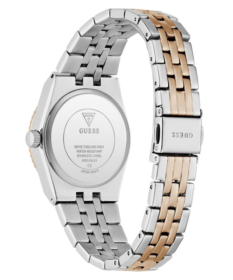 A GUESS women's analog watch shown from the back, featuring a two-tone stainless steel and rose gold link bracelet with a silver-toned case.