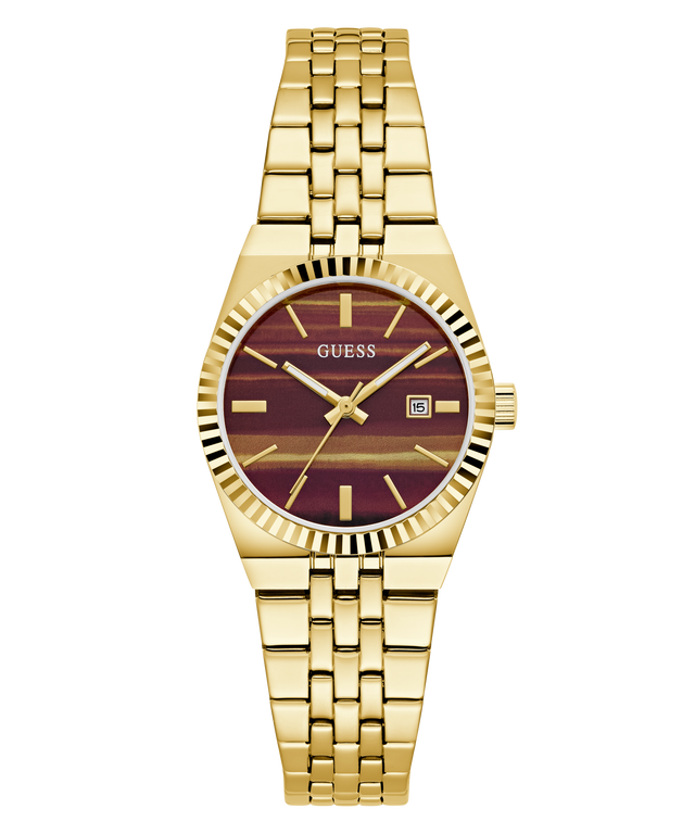A Guess women's analog watch with a gold-tone metal bracelet, fluted bezel, and a dark burgundy and brown wood-grain dial with gold indices.