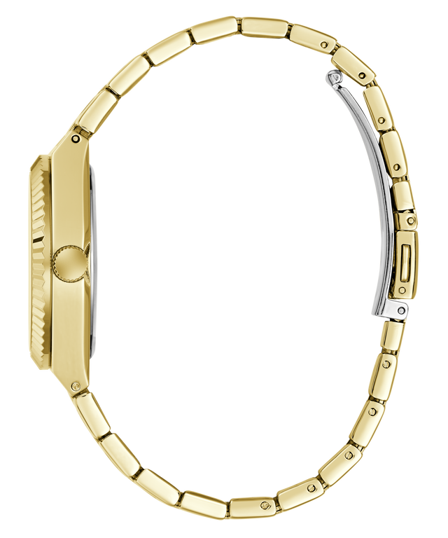 A gold-tone metal watch band with a matching case side view, featuring a textured crown guard and a silver-toned clasp on a plain white background.