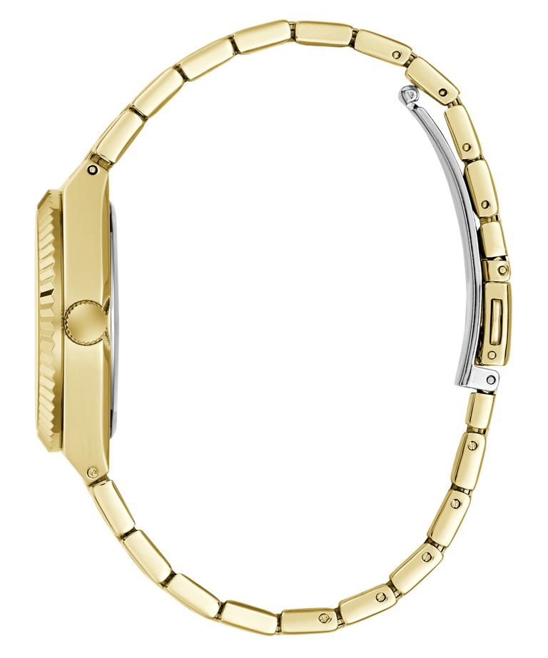 A gold-tone metal watch band with a matching case side view, featuring a textured crown guard and a silver-toned clasp on a plain white background.