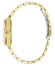 A gold-tone metal watch band with a matching case side view, featuring a textured crown guard and a silver-toned clasp on a plain white background.