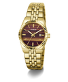 Gold-tone Guess women's watch with a striped brown and burgundy dial, gold-tone case and link bracelet, and a date window at 3 o'clock, shown on a white background with a soft shadow.