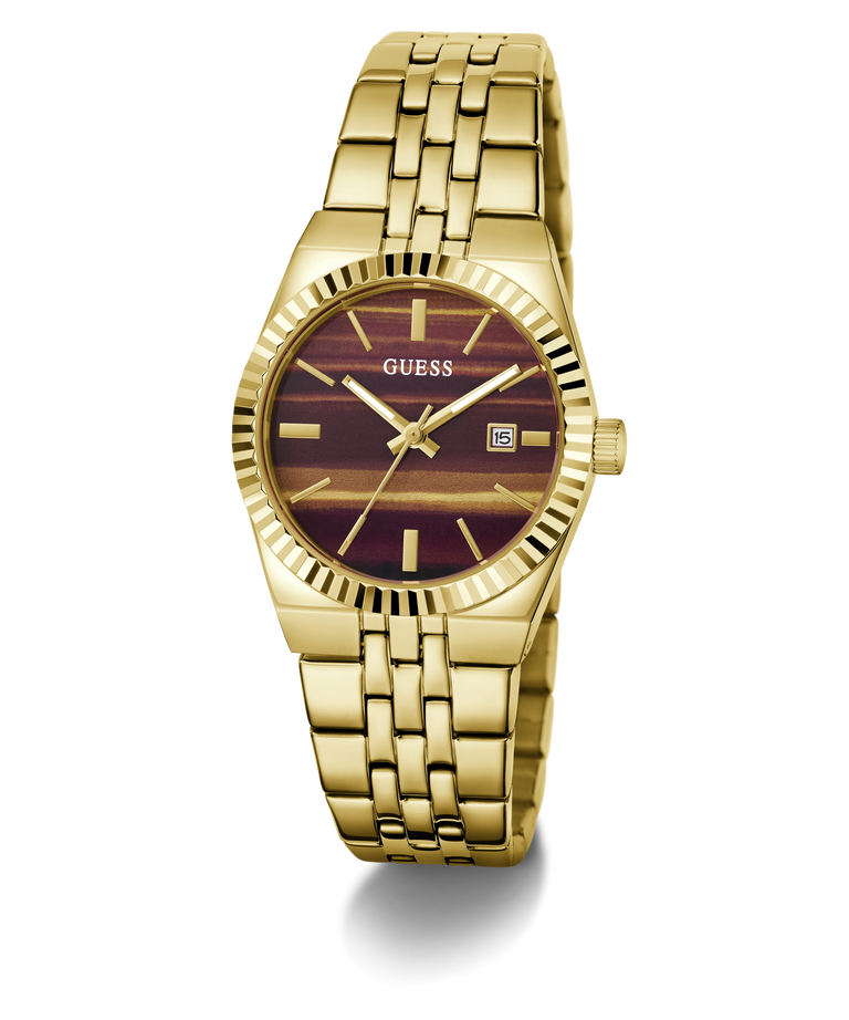 Gold-tone Guess women's watch with a striped brown and burgundy dial, gold-tone case and link bracelet, and a date window at 3 o'clock, shown on a white background with a soft shadow.