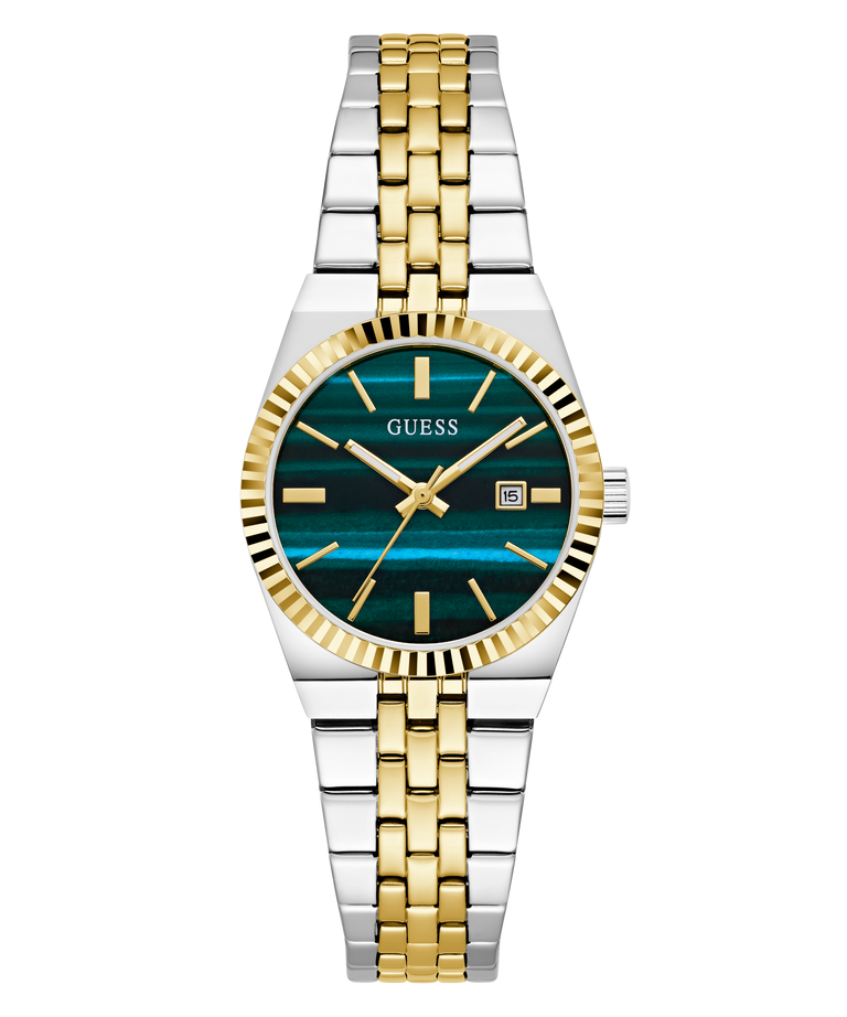 A Guess women's two-tone watch with a silver and gold stainless steel link bracelet, a fluted gold-tone bezel, and a dark green textured dial with gold-tone hands and hour markers.