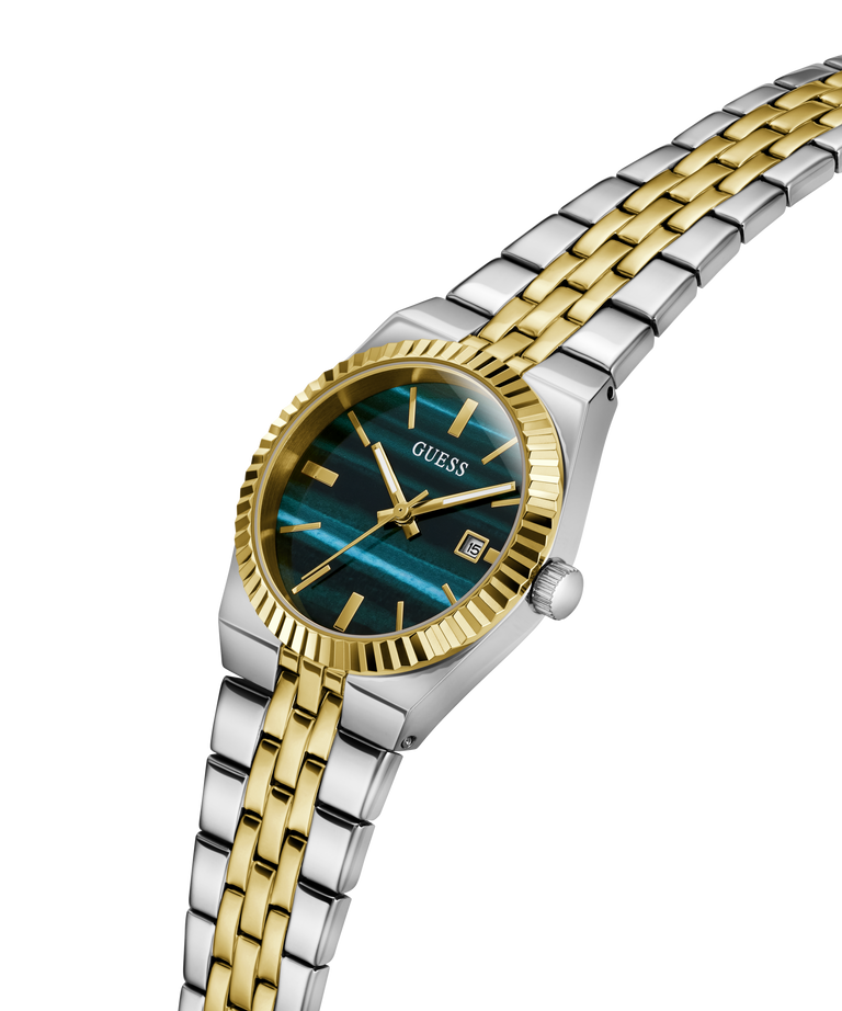 A two-tone stainless steel and gold wristwatch with a blue-green textured dial, gold-tone bezel and hands, and a matching two-tone link bracelet on a white background. lifestyle