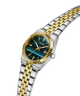 A two-tone stainless steel and gold wristwatch with a blue-green textured dial, gold-tone bezel and hands, and a matching two-tone link bracelet on a white background. lifestyle