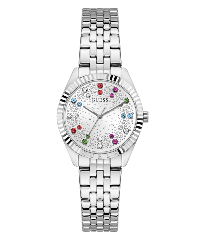 A silver-tone stainless steel wristwatch with a fluted bezel, a white dial embellished with colorful crystal hour markers, and a matching metal link bracelet. The brand name 'GUESS' is visible on the dial.