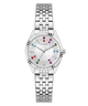 A silver-tone stainless steel wristwatch with a fluted bezel, a white dial embellished with colorful crystal hour markers, and a matching metal link bracelet. The brand name 'GUESS' is visible on the dial.
