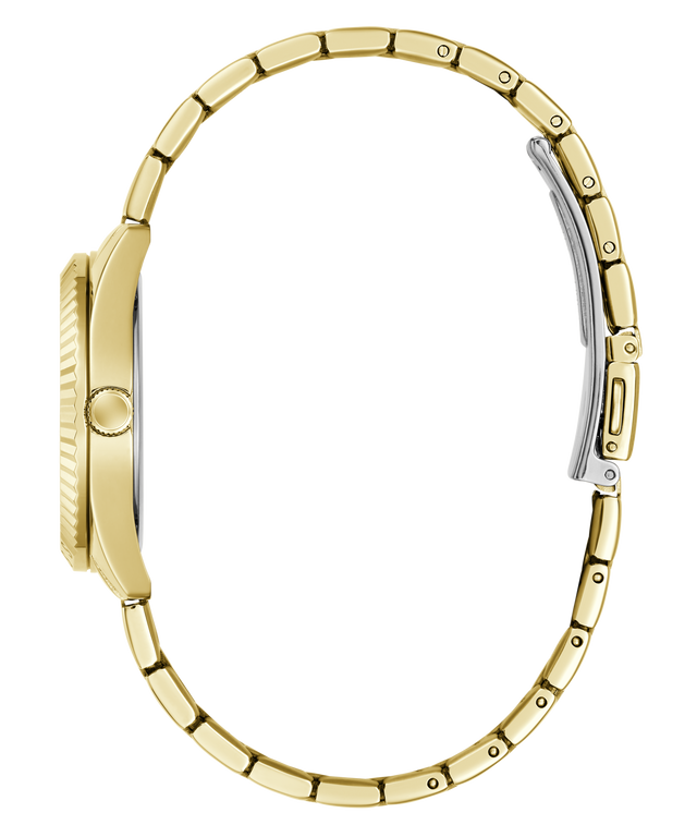 Side profile view of a gold-tone watch with a matching metal link bracelet and a silver-toned clasp, shown on a plain white background.