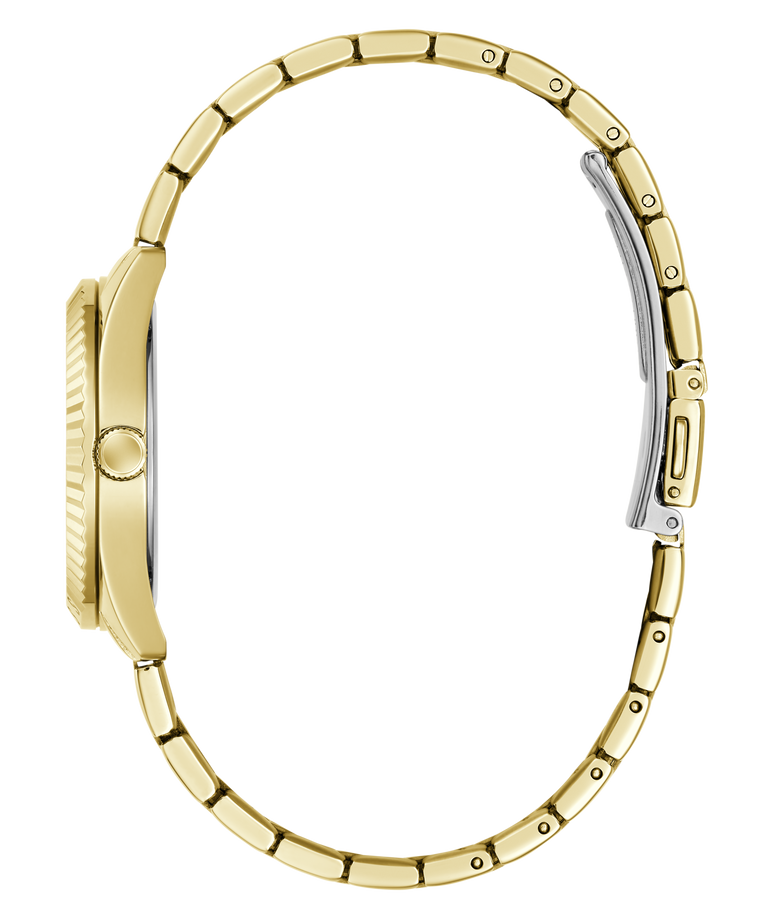 Side profile view of a gold-tone watch with a matching metal link bracelet and a silver-toned clasp, shown on a plain white background.