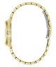 Side profile view of a gold-tone watch with a matching metal link bracelet and a silver-toned clasp, shown on a plain white background.