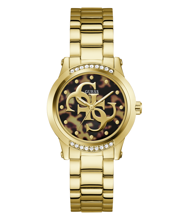 A gold-tone Guess wristwatch with a metal link bracelet, a tortoiseshell-patterned dial, and crystal accents around the bezel and around the hour markers.