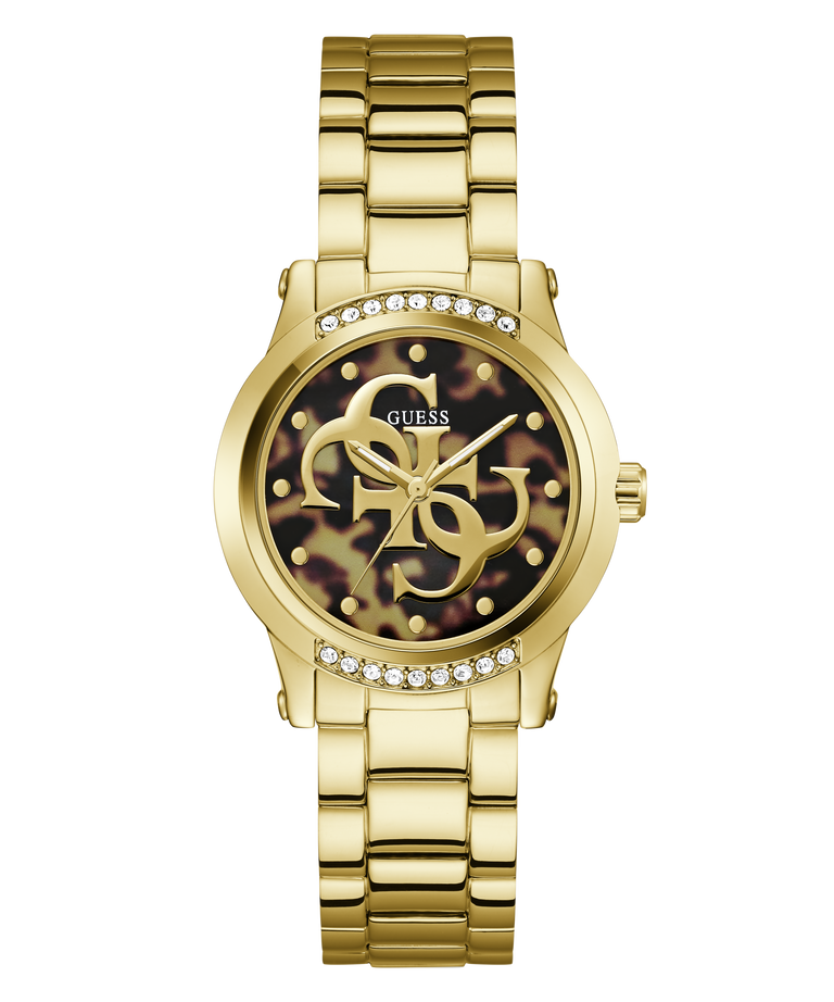 A gold-tone Guess wristwatch with a metal link bracelet, a tortoiseshell-patterned dial, and crystal accents around the bezel and around the hour markers.