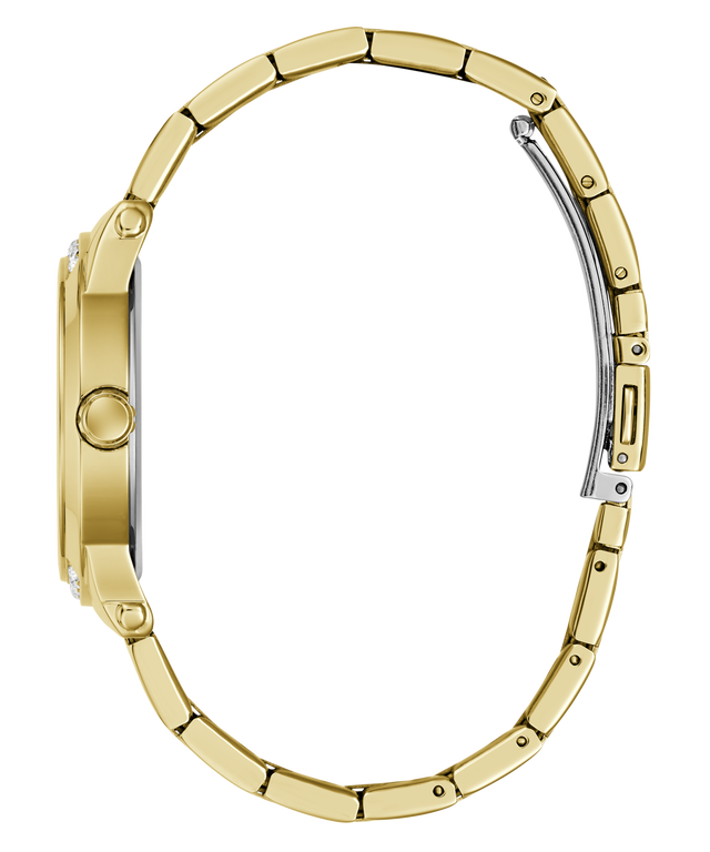 Close-up side view of a gold-tone watch bracelet with a matching round case, showing the clasp and side button on a plain white background.