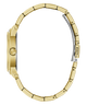 Close-up side view of a gold-tone watch bracelet with a matching round case, showing the clasp and side button on a plain white background.