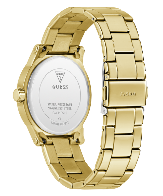 Gold-tone stainless steel watch with a metal link bracelet, shown from the back on a clean white background. The back case features a silver circular plate with 'GUESS' branding and specifications, and the clasp is marked 'GS108U'.