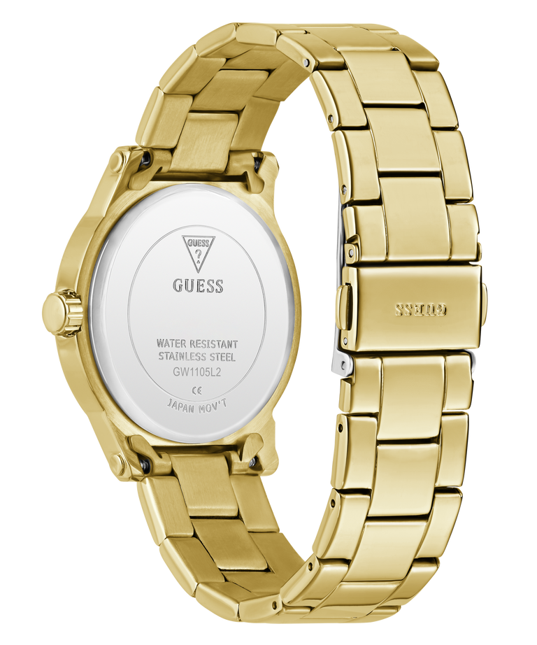 Gold-tone stainless steel watch with a metal link bracelet, shown from the back on a clean white background. The back case features a silver circular plate with 'GUESS' branding and specifications, and the clasp is marked 'GS108U'.