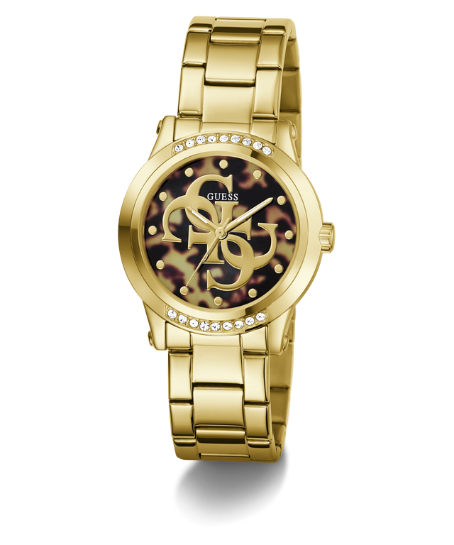 A gold-tone Guess wristwatch with a metal link bracelet, a round bezel set with small clear crystals, and a dark patterned dial featuring the Guess logo.