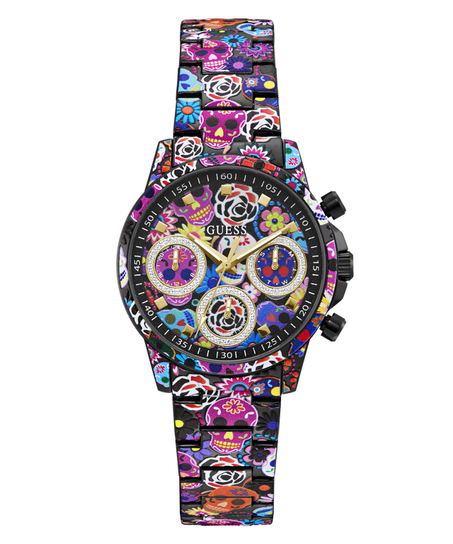 A GUESS brand wristwatch featuring a vibrant, multicolored sugar skull and floral pattern across the black metal case and link strap, with a detailed chronograph dial.