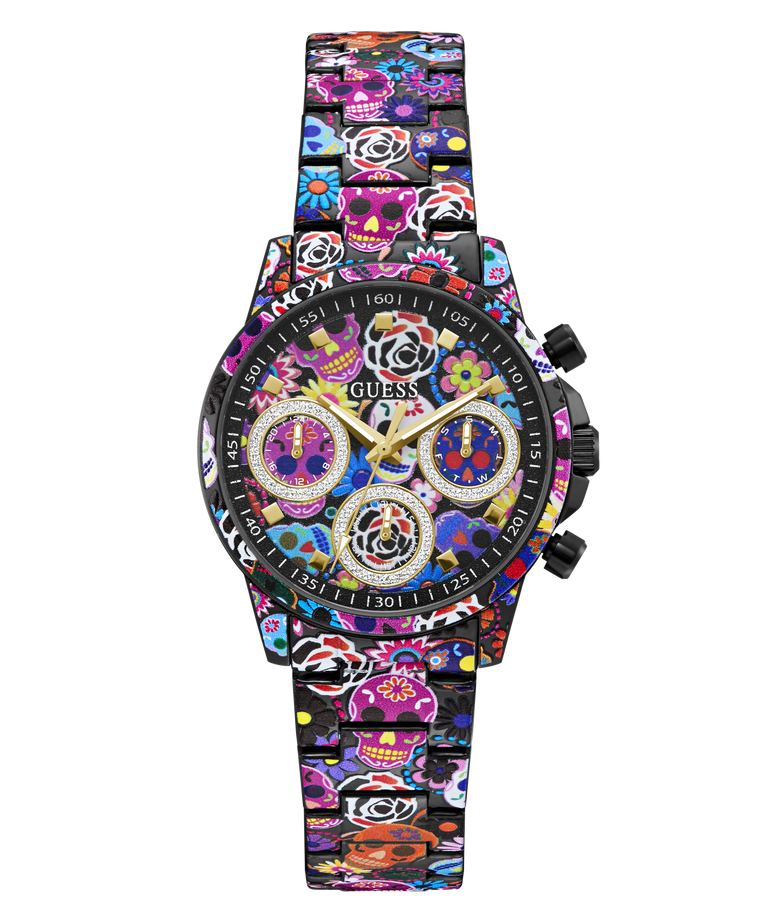 A GUESS brand wristwatch featuring a vibrant, multicolored sugar skull and floral pattern across the black metal case and link strap, with a detailed chronograph dial.