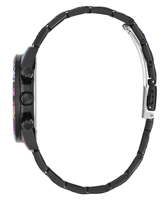 Side profile of a black metal link watch with a colorful dial pattern, featuring a silver-toned spring bar clasp on a white background.