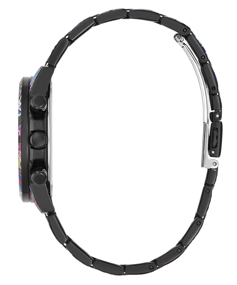 Side profile of a black metal link watch with a colorful dial pattern, featuring a silver-toned spring bar clasp on a white background.