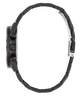 Side profile of a black metal link watch with a colorful dial pattern, featuring a silver-toned spring bar clasp on a white background.