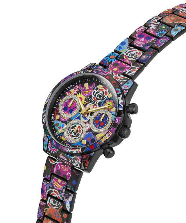 A GUESS wristwatch with a black case and a colorful Day of the Dead sugar skull patterned metal bracelet, shown on a plain white background. lifestyle