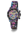 A GUESS women's chronograph watch featuring a vibrant, multicolor sugar skull pattern across the entire case and link bracelet, with a black dial and gold-tone hands.