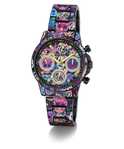 A GUESS women's chronograph watch featuring a vibrant, multicolor sugar skull pattern across the entire case and link bracelet, with a black dial and gold-tone hands.