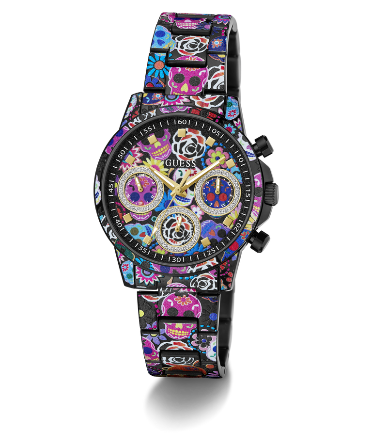 A GUESS women's chronograph watch featuring a vibrant, multicolor sugar skull pattern across the entire case and link bracelet, with a black dial and gold-tone hands.