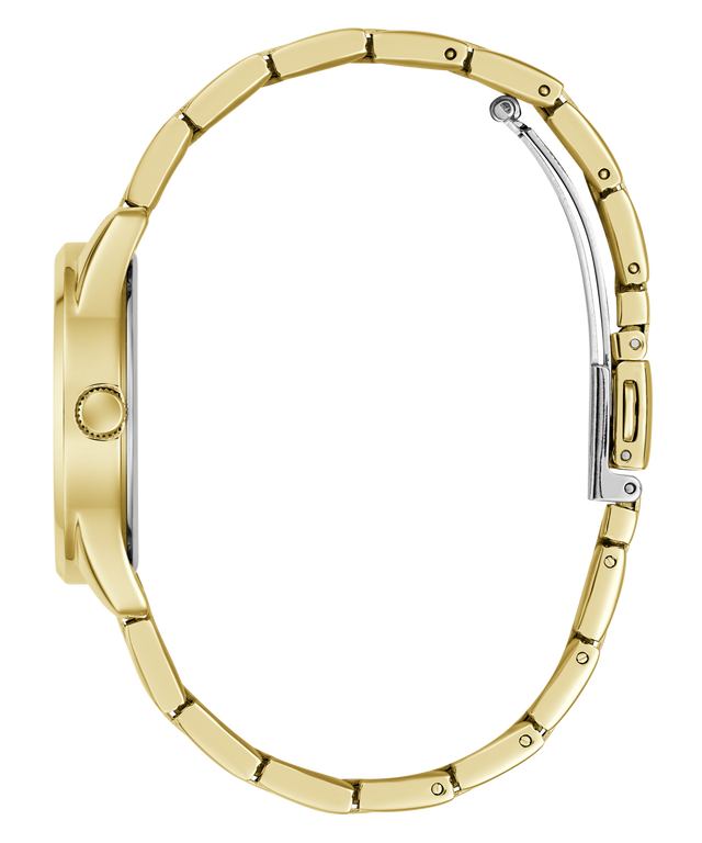 A close-up side view of a gold-tone watch with a matching metal link bracelet, showing the side case, crown, and clasp on a plain white background.