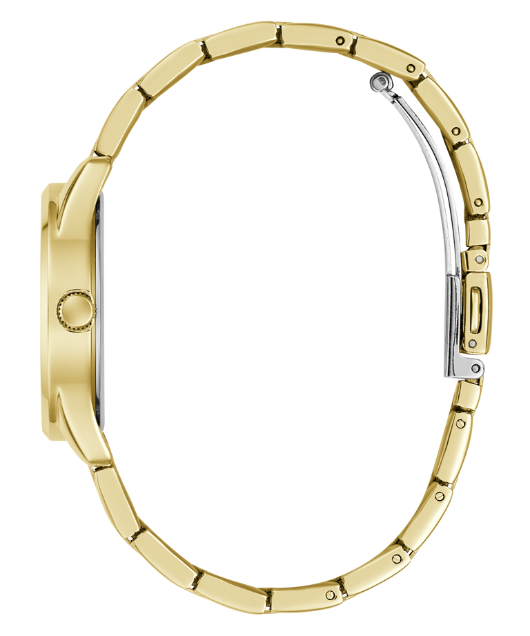 A close-up side view of a gold-tone watch with a matching metal link bracelet, showing the side case, crown, and clasp on a plain white background.