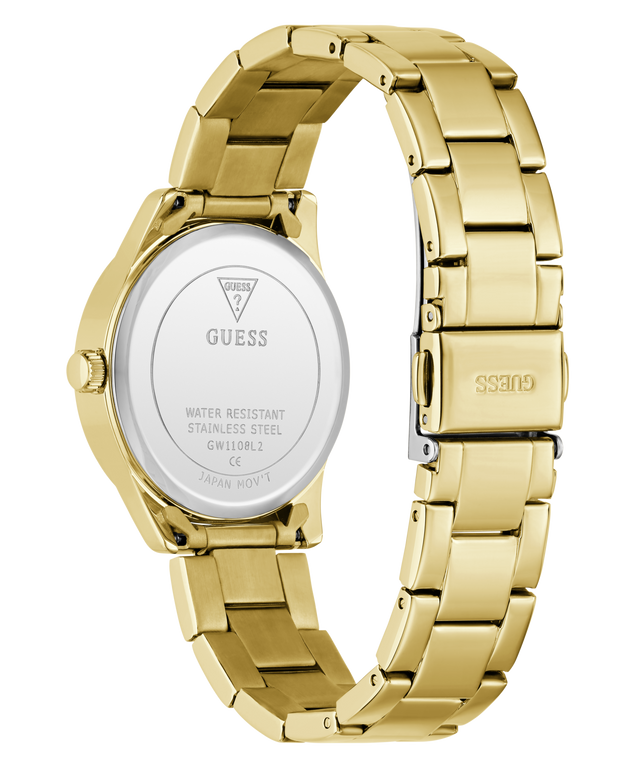 Gold-tone stainless steel wrist watch shown from the back, featuring a matching metal link bracelet, a round case, and a clear back cover with GUESS branding and model details.