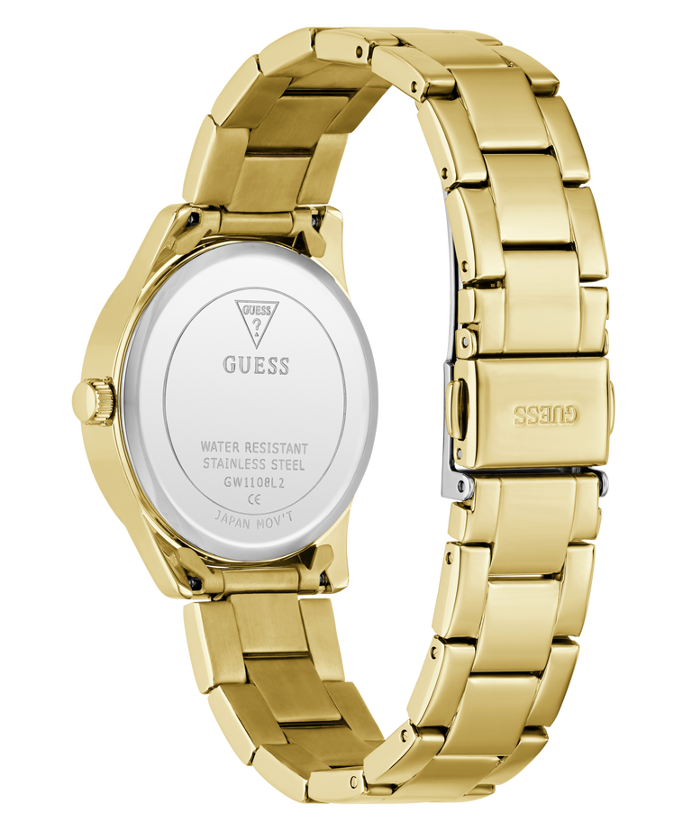 Gold-tone stainless steel wrist watch shown from the back, featuring a matching metal link bracelet, a round case, and a clear back cover with GUESS branding and model details.
