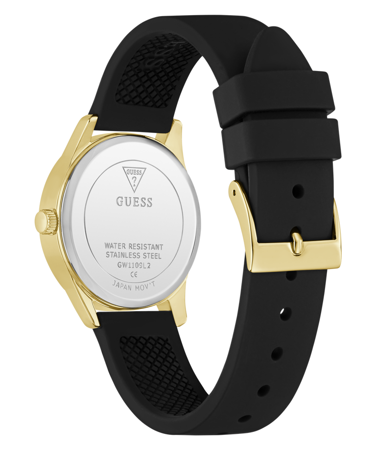 GUESS Ladies Black Gold Tone Analog Watch caseback