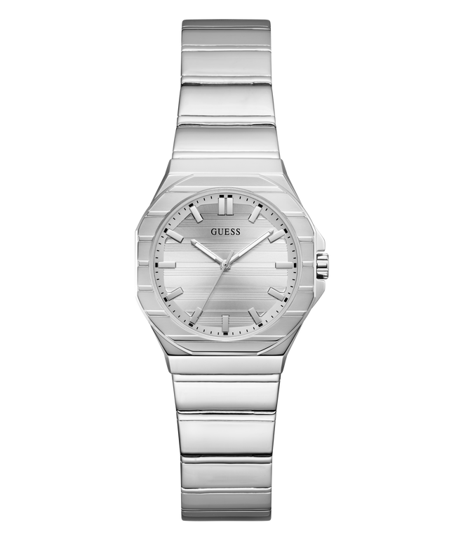 A Guess women's analog watch with a silver-tone stainless steel case and integrated link bracelet, featuring a silver dial with simple hour markers and a crown on the right side.
