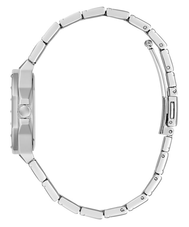 Silver stainless steel watch band with a multi-link design, shown from the side profile on a solid white background.