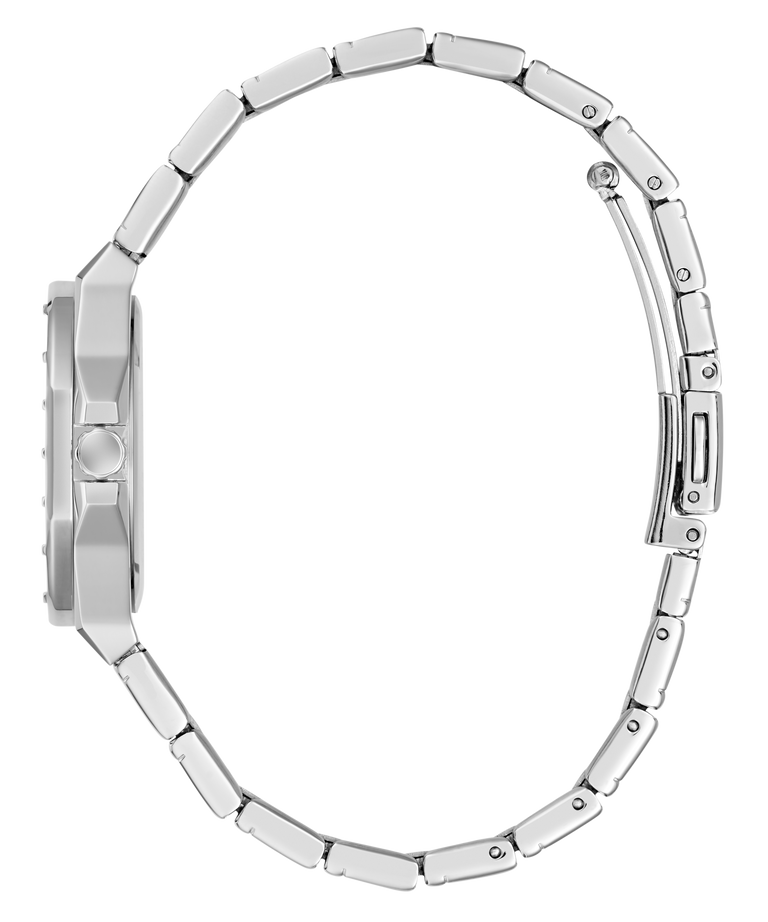 Silver stainless steel watch band with a multi-link design, shown from the side profile on a solid white background.