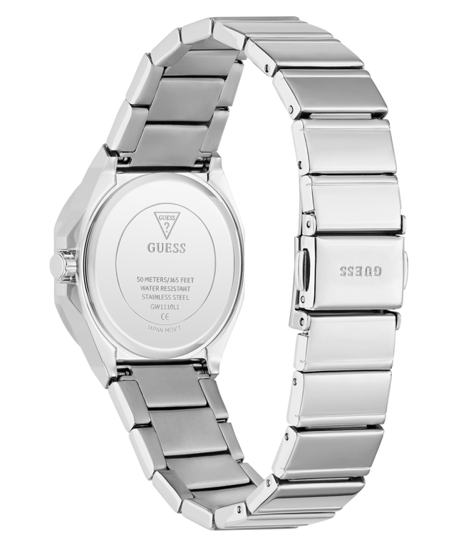 Silver stainless steel women's watch with a link bracelet, shown from the back to display the branded case lid and clasp on a white background.
