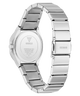 Silver stainless steel women's watch with a link bracelet, shown from the back to display the branded case lid and clasp on a white background.
