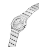 A silver-tone stainless steel women's watch by GUESS, featuring an octagonal bezel, a matching silver dial with bar indices, and a multi-link bracelet, shown on a plain white background. lifestyle