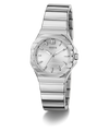 A Guess women's stainless steel watch with a silver-tone octagonal case, matching silver dial, and integrated link bracelet, shown on a clean white background.