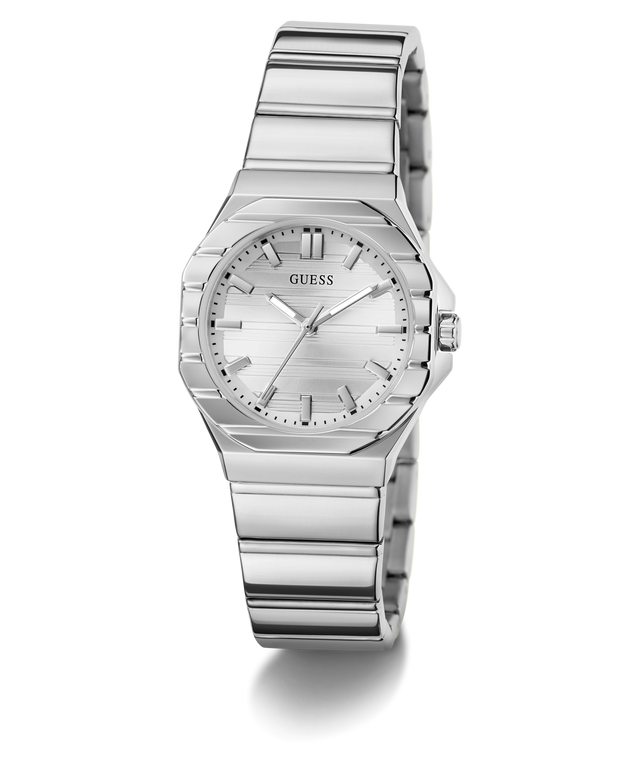 A Guess women's stainless steel watch with a silver-tone octagonal case, matching silver dial, and integrated link bracelet, shown on a clean white background.