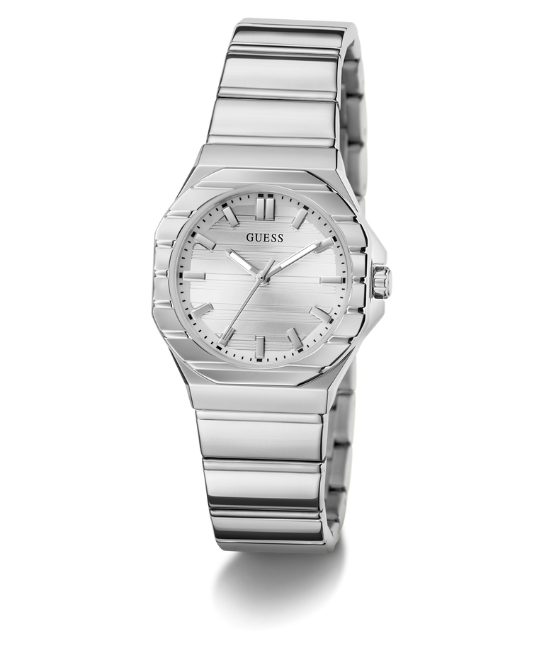A Guess women's stainless steel watch with a silver-tone octagonal case, matching silver dial, and integrated link bracelet, shown on a clean white background.