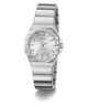A Guess women's stainless steel watch with a silver-tone octagonal case, matching silver dial, and integrated link bracelet, shown on a clean white background.