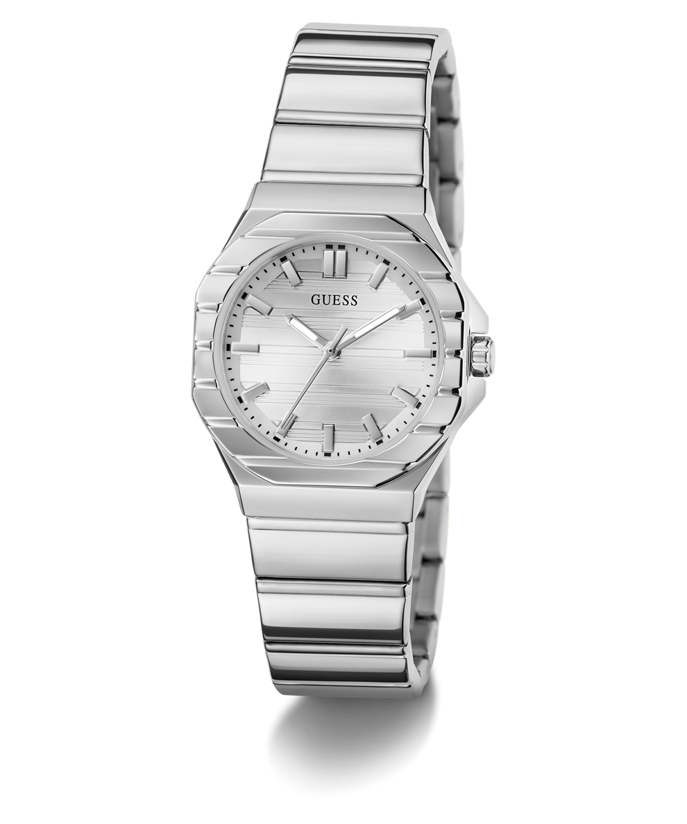 A Guess women's stainless steel watch with a silver-tone octagonal case, matching silver dial, and integrated link bracelet, shown on a clean white background.